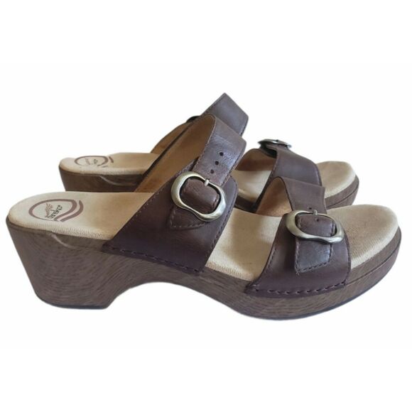 DANSKO Sophie Teak Vintage Sandals Brown Leather Buckle Slip Ons - Picture 2 of 5